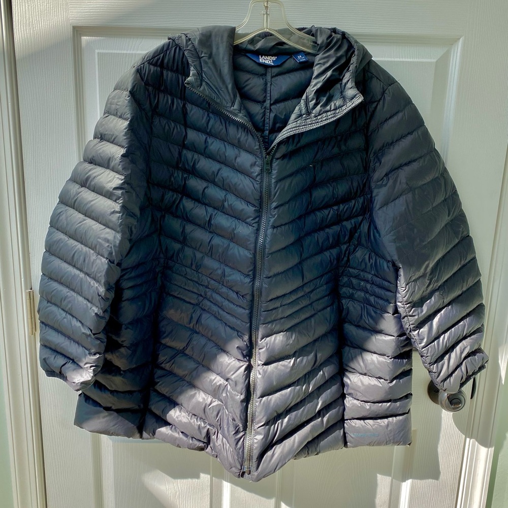 Lands End Wanderweight Down Puffer Jacket Womens 3X Black Hooded Packable - Picture 2 of 16